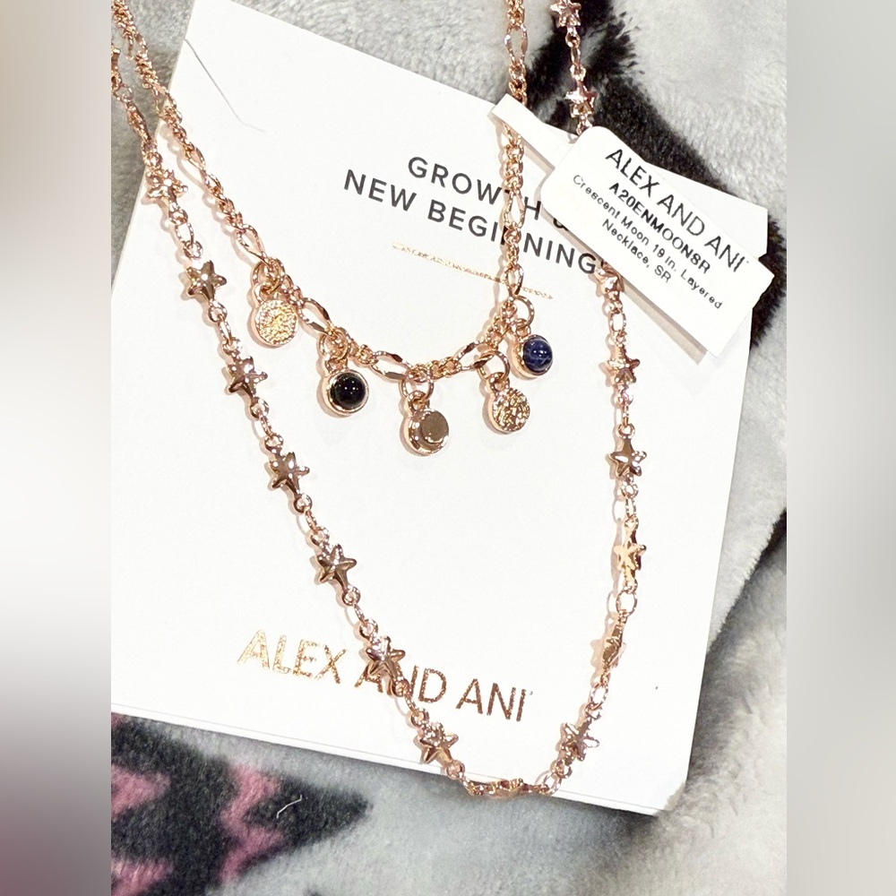 Alex and Ani Crescent Moon Shiny Rose Gold Sodalite Onyx Layered Necklace 19”